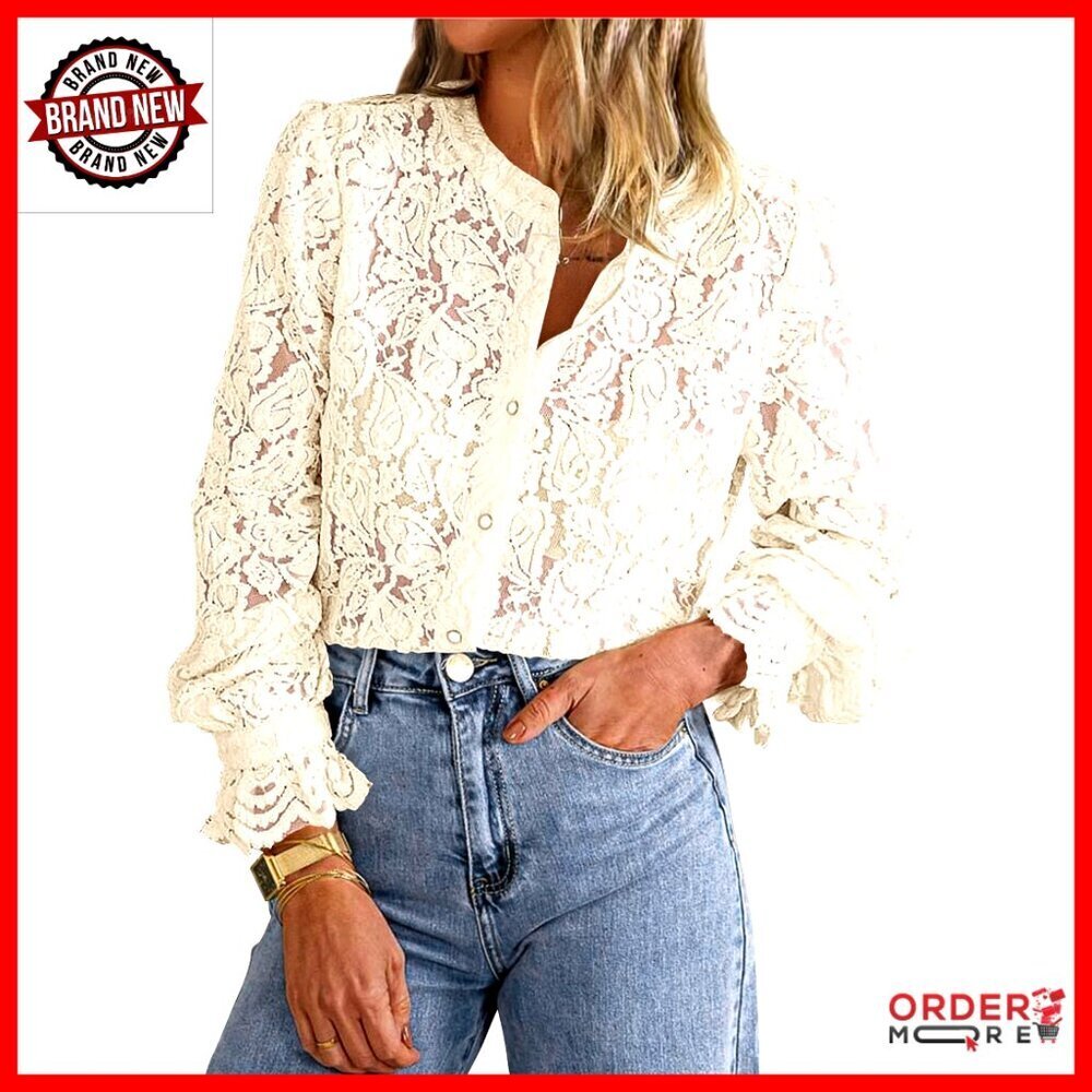 Long Sleeve Lace Blouse Button Up Shirt Women's Dressy Casual Top